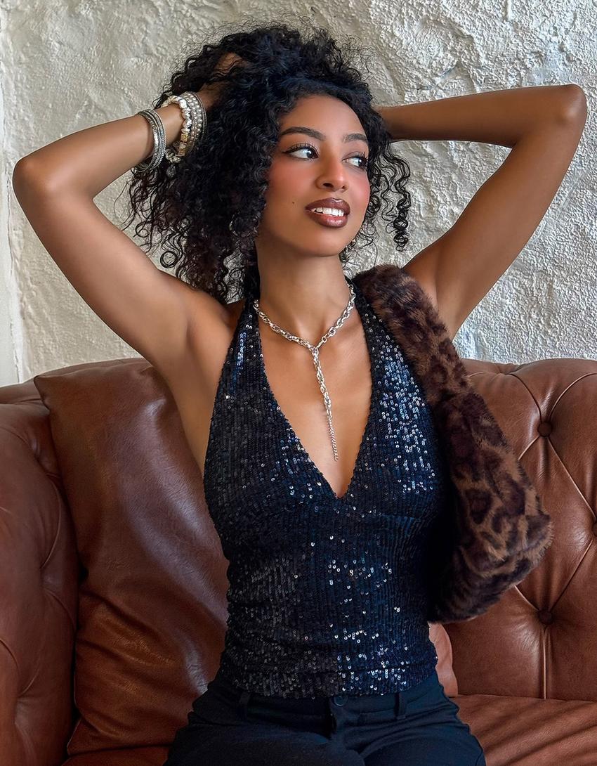 Draped halter top with sequins-Dark blue