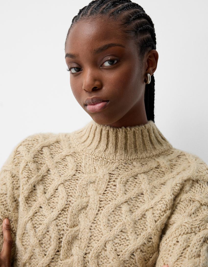 High neck cable-knit sweater - Women | Bershka