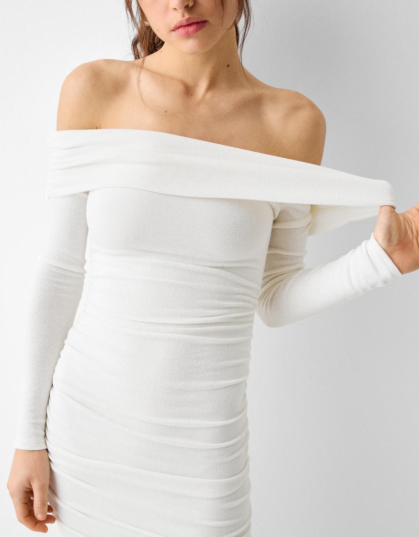 Long sleeve knit bandeau mini dress with gathering-Off white