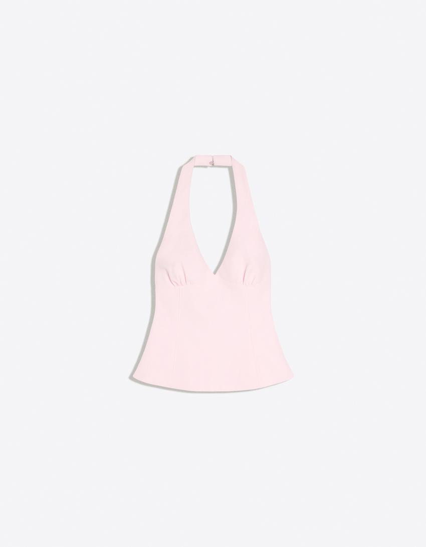 Strukturalny top halter z kokardami-Różowy