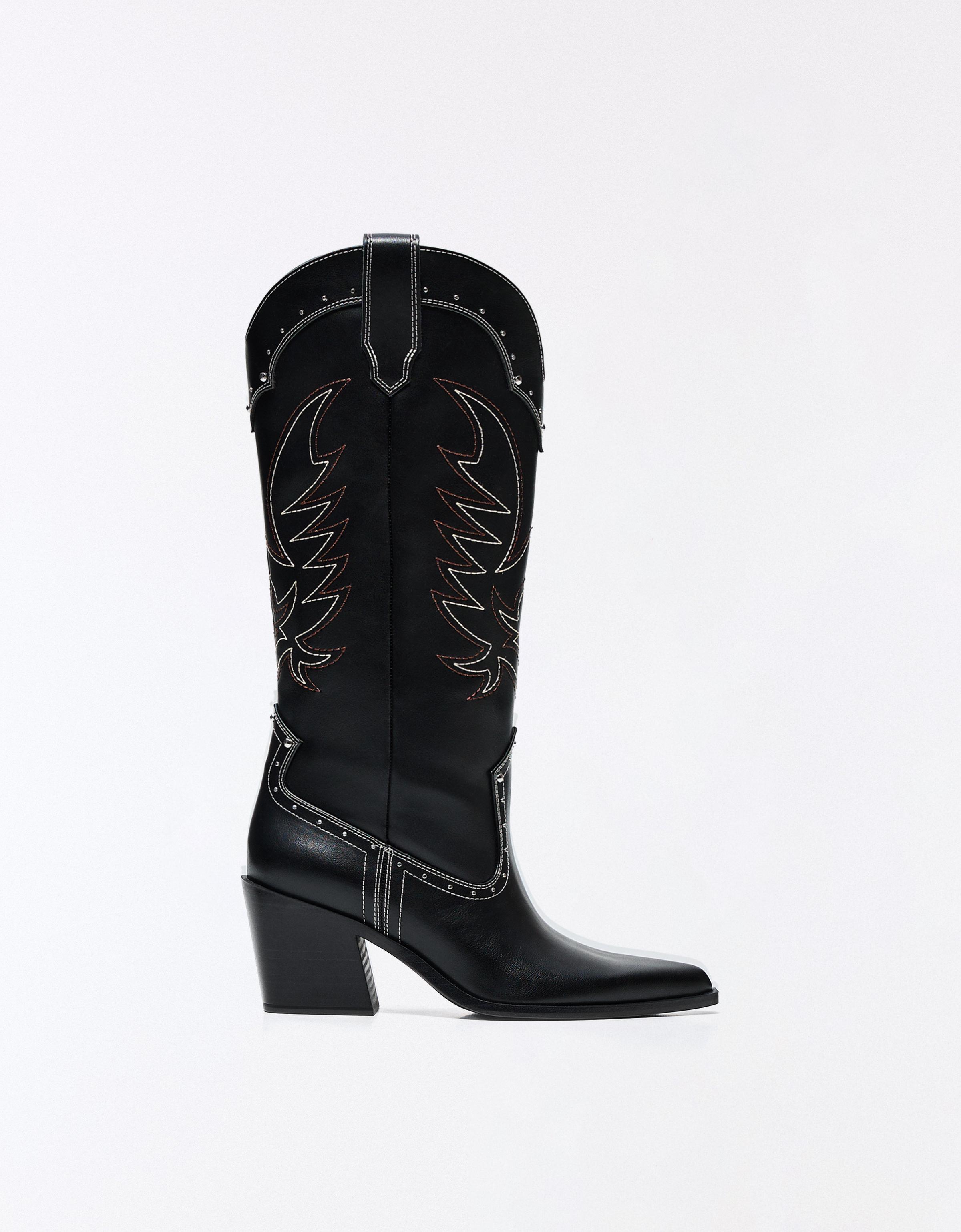 Bershka Bota Tacón Cowboy Tachitas Mujer Negro