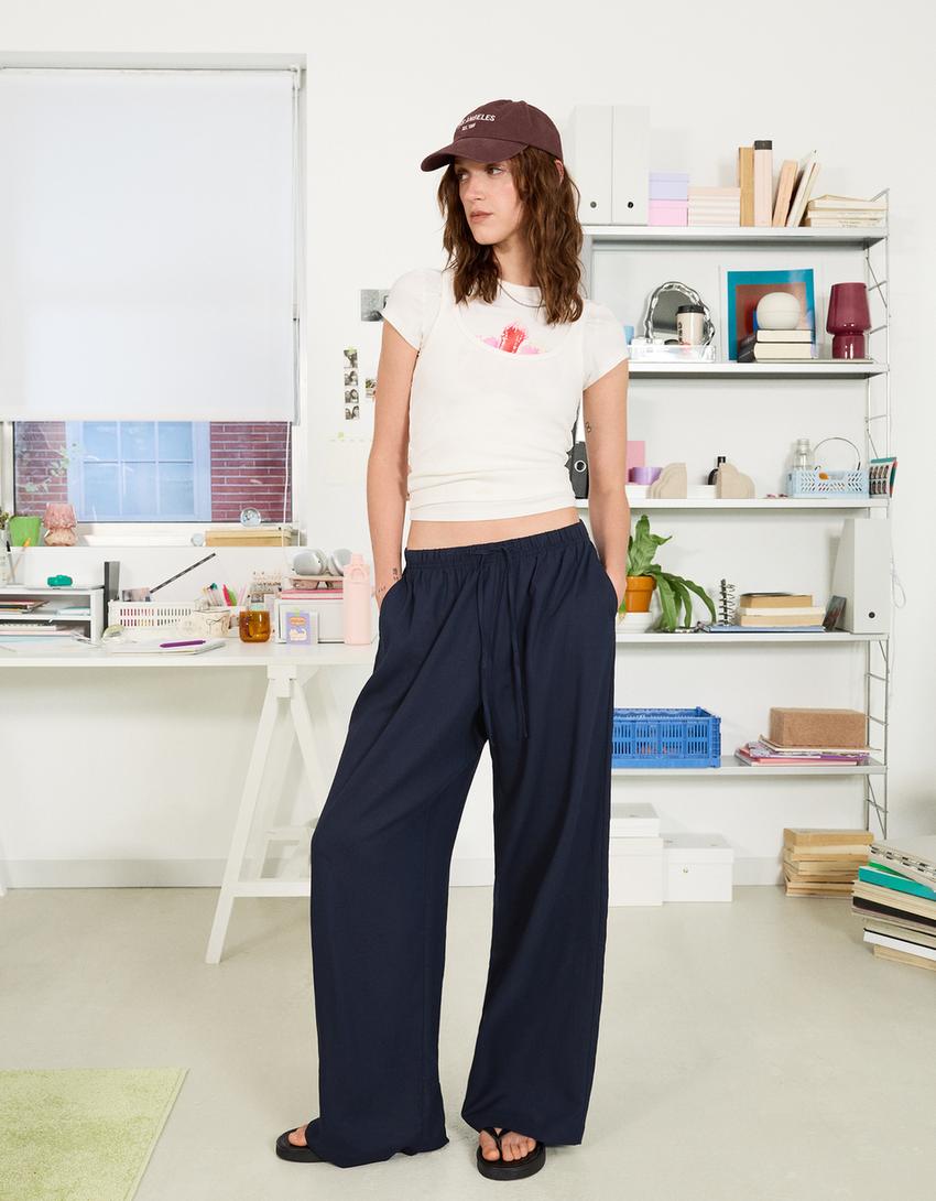 Linen blend trousers with an elasticated waistband-Navy