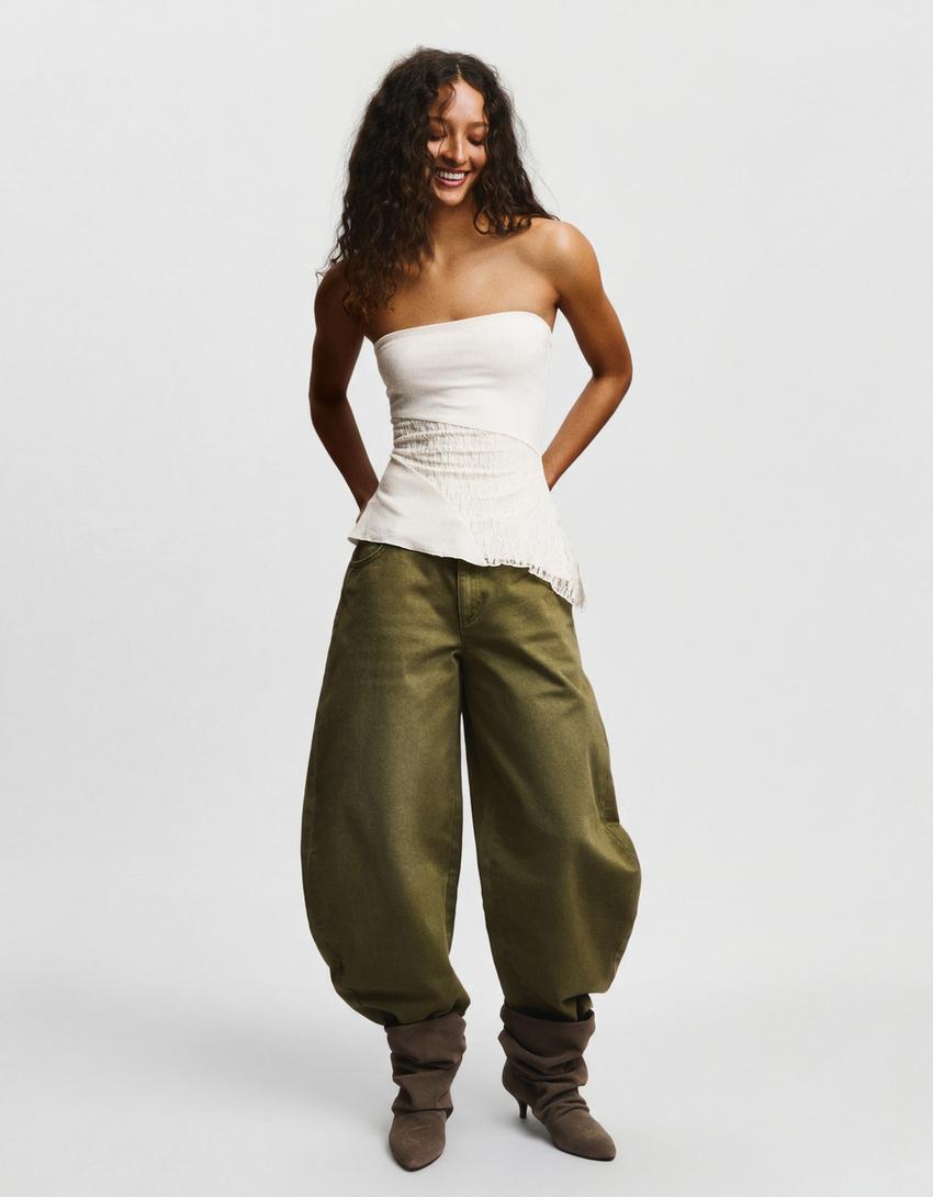 Top bandeau asymétrique en dentelle-Blanc cassé