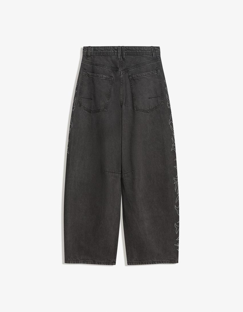 Pantalón barrel detalle brillo-Gris