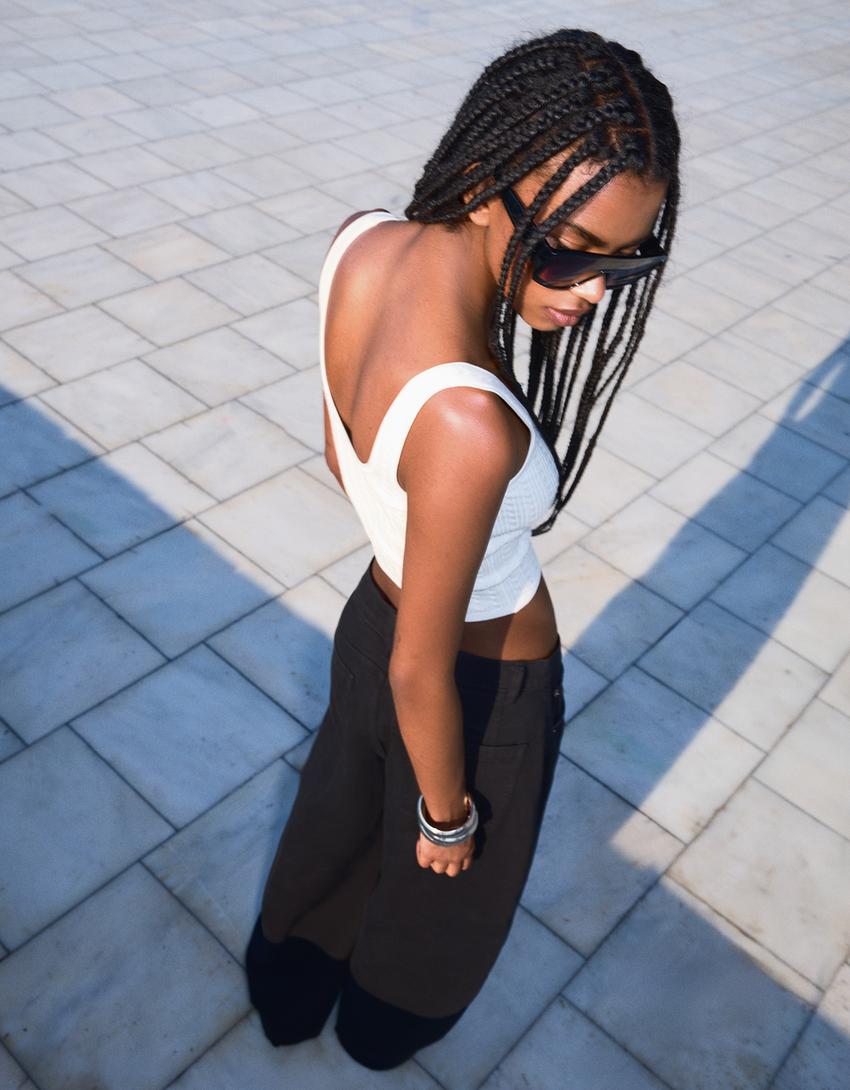 Cable-knit strappy top-Cream