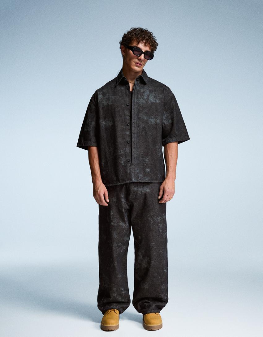 Printed short sleeve boxy fit shirt-Black-0