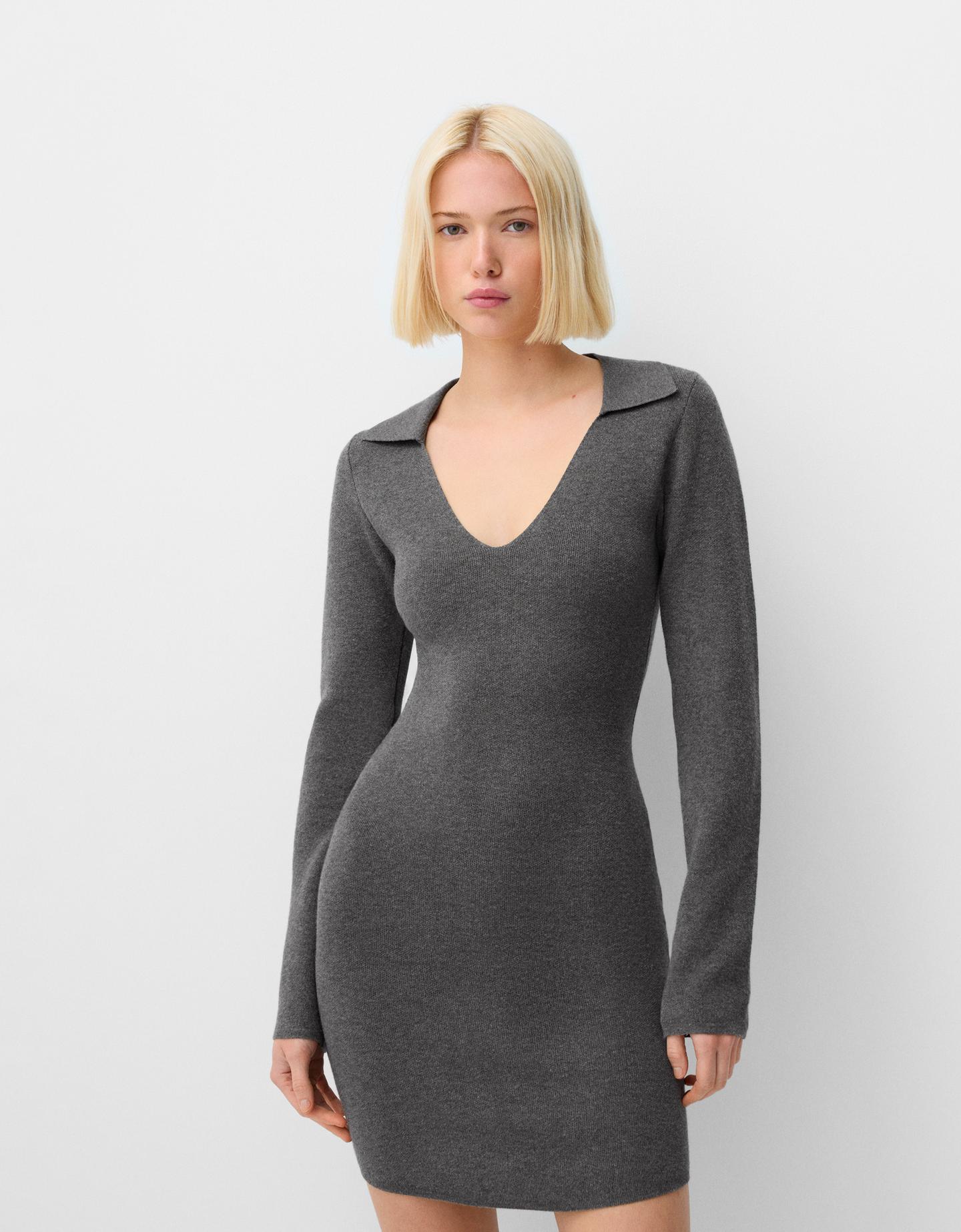 Bershka Vestido Mini Cuello Polo Mujer Xs Gris Oscuro