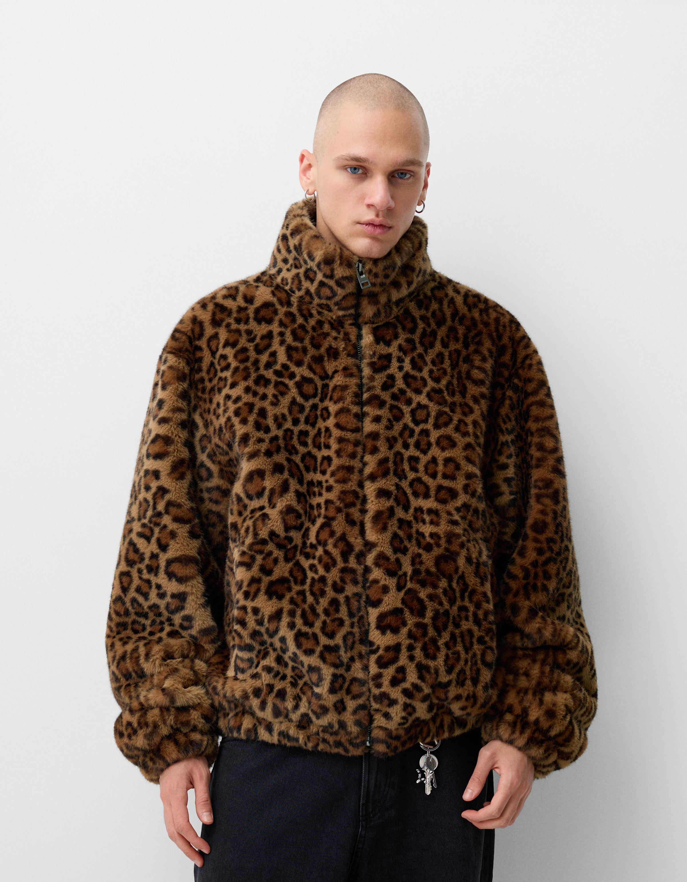 Bershka Jacke Aus Kunstfell Mit Animalprint Herren L Camel