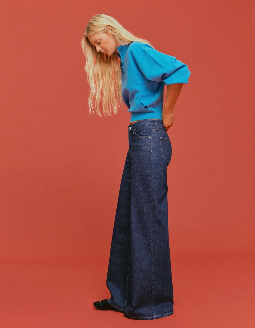 Wide-Leg-Jeans mit hohem Bund-Marinenblau