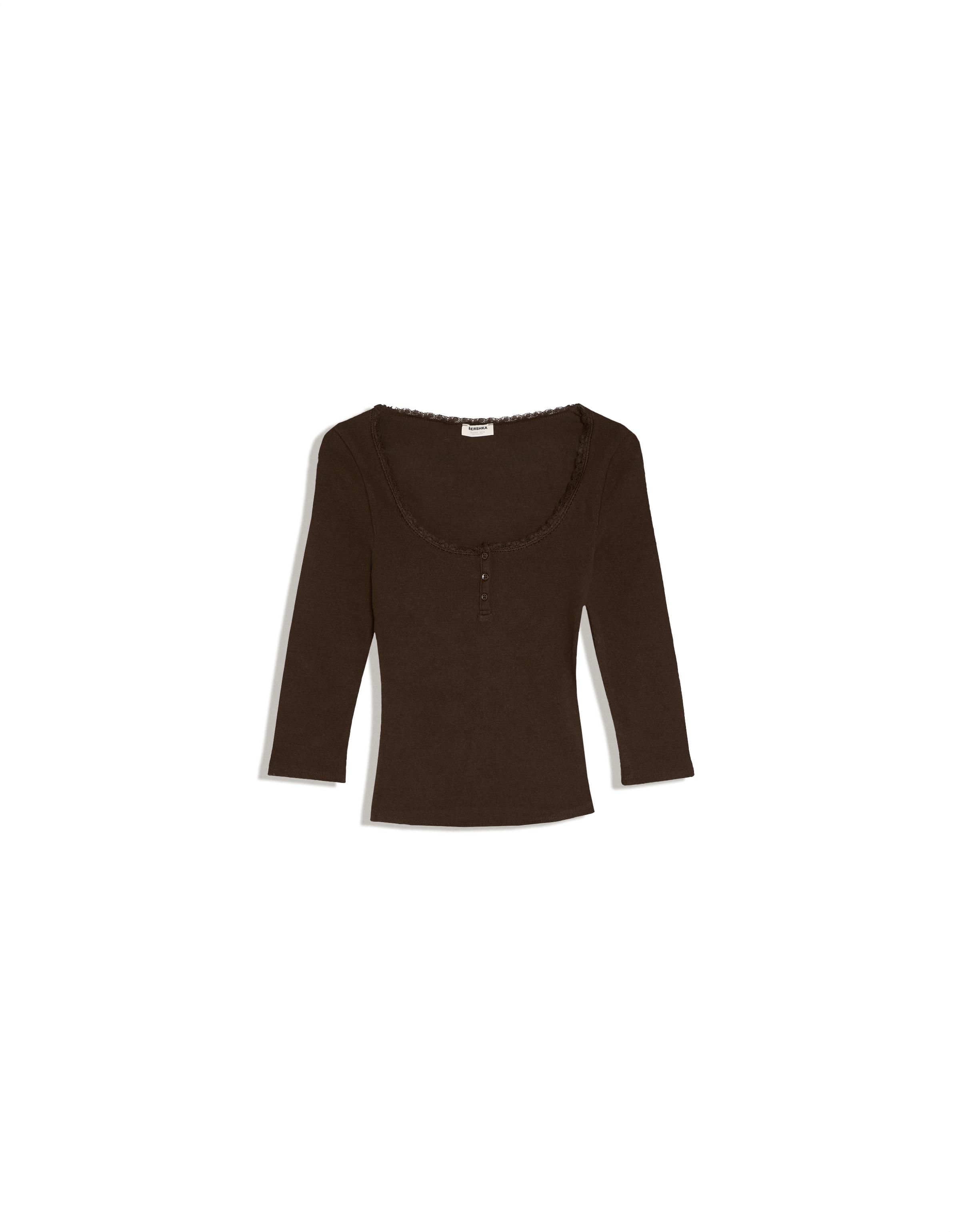 Lace V-neck long sleeve T-shirt — Brown