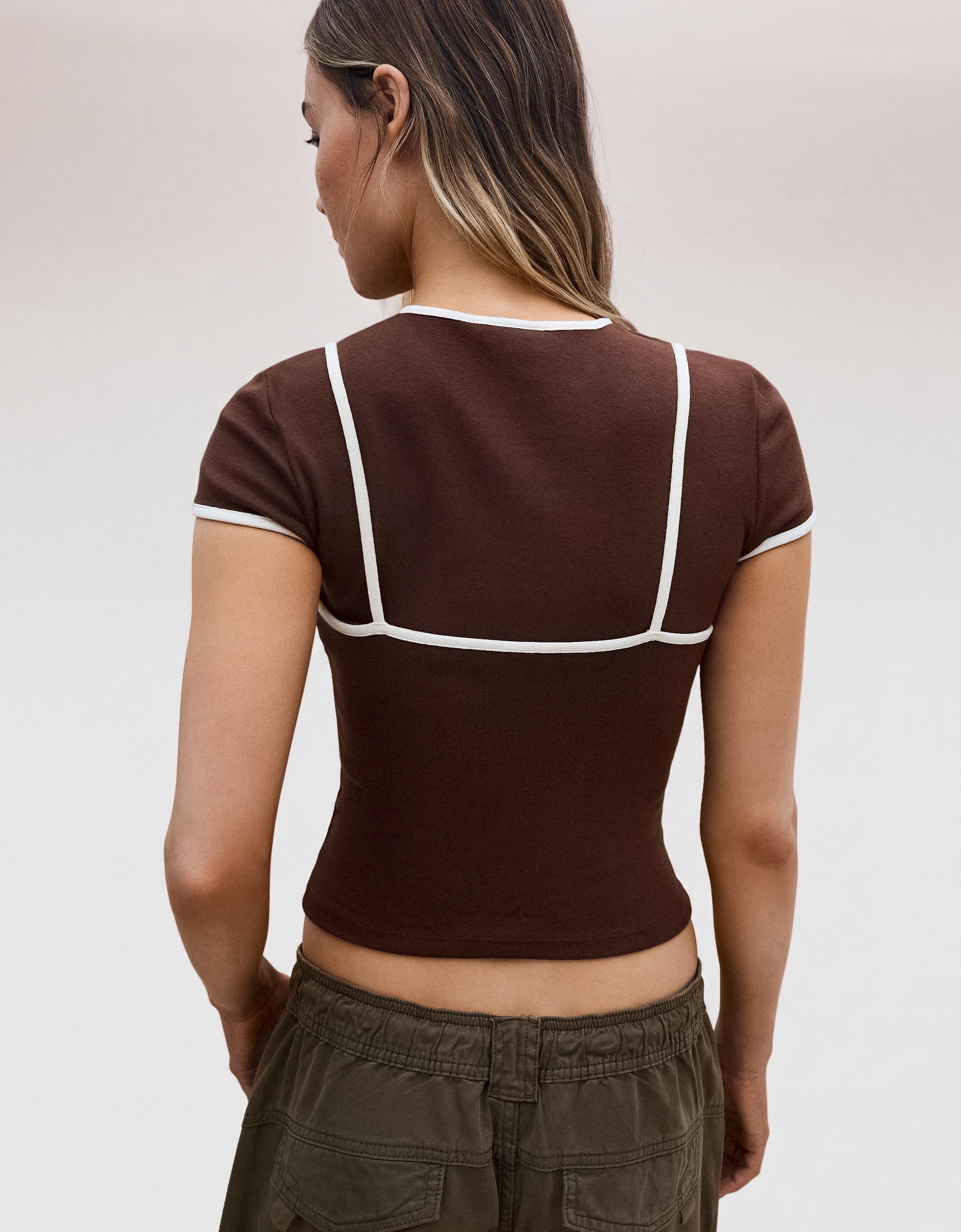 Double short sleeve T-shirt with contrast print — Brown