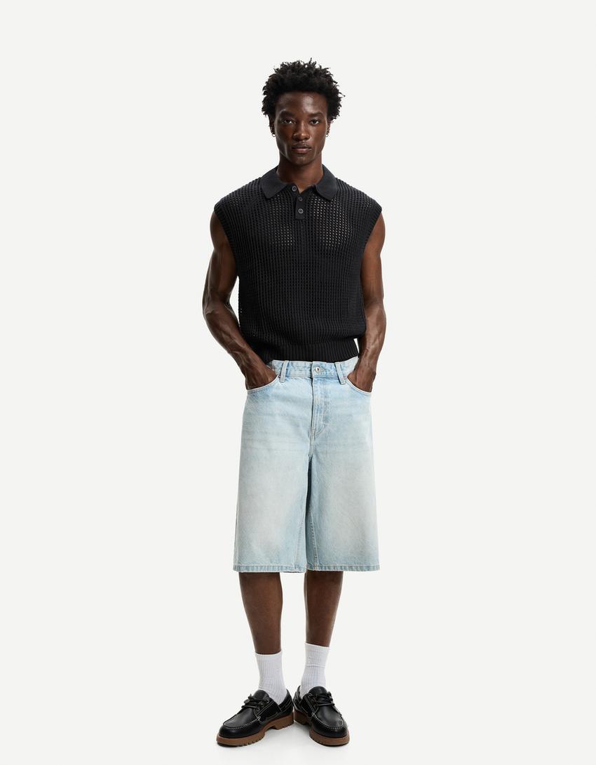 Mesh vest with polo collar and buttons-Black-3