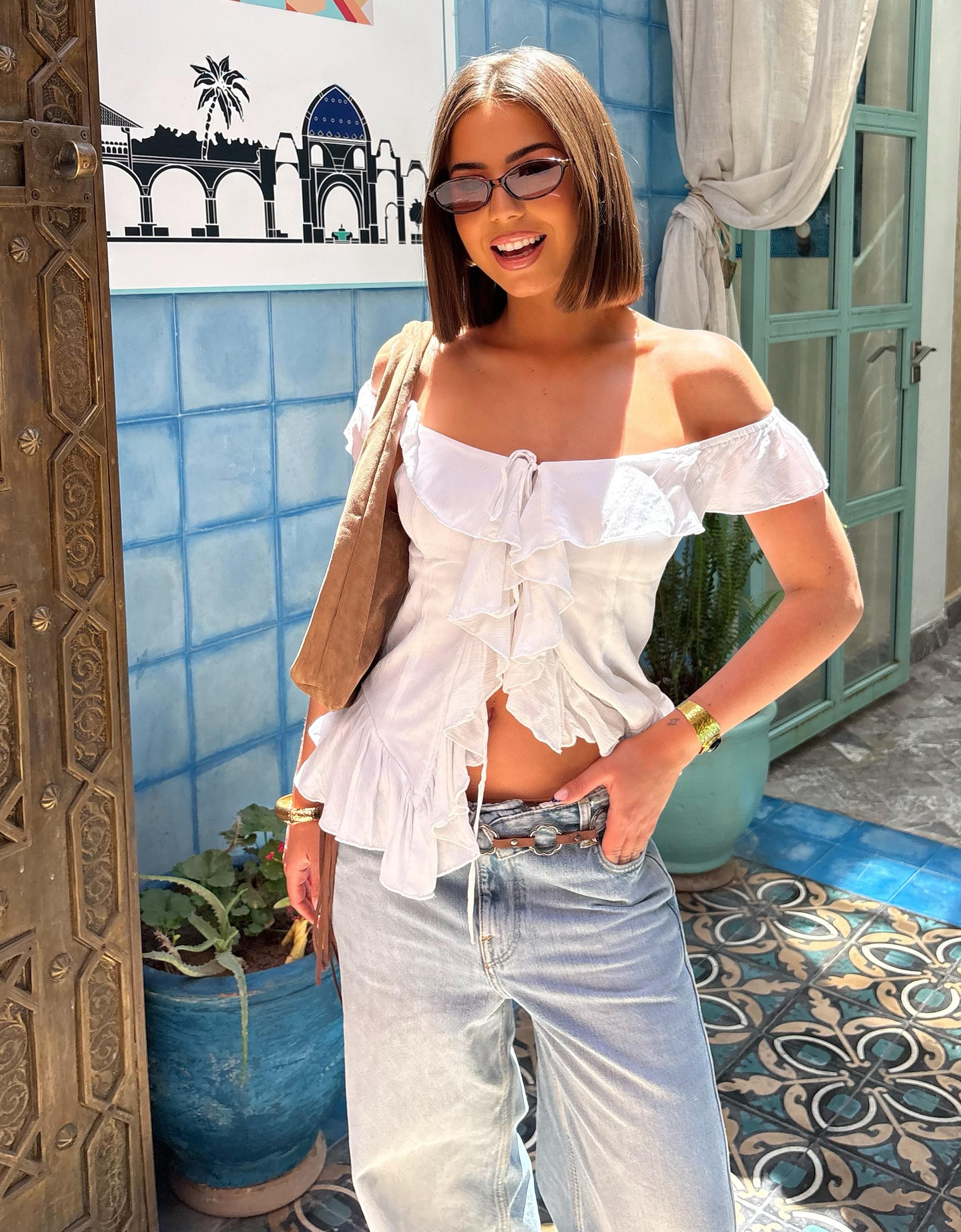Bershka Top Bardot Volantes Mujer L Blanco