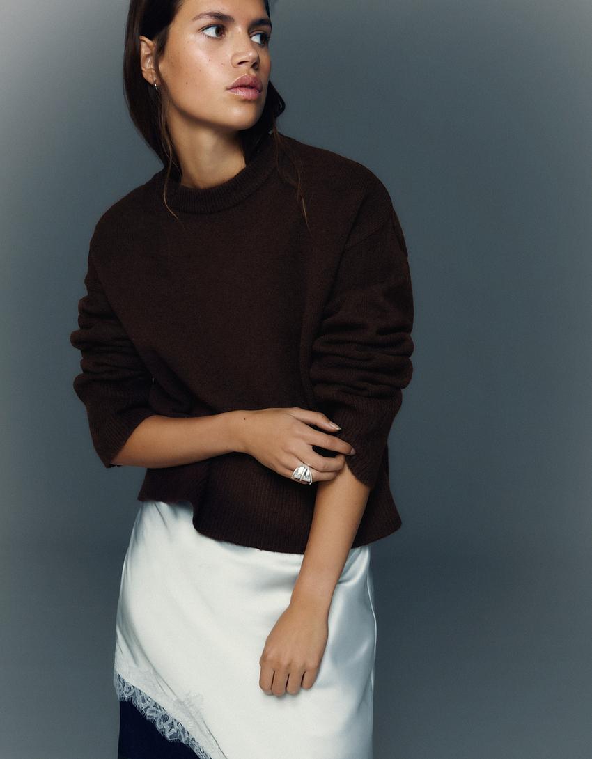 Oversize sweater with ribbed hem-Brown