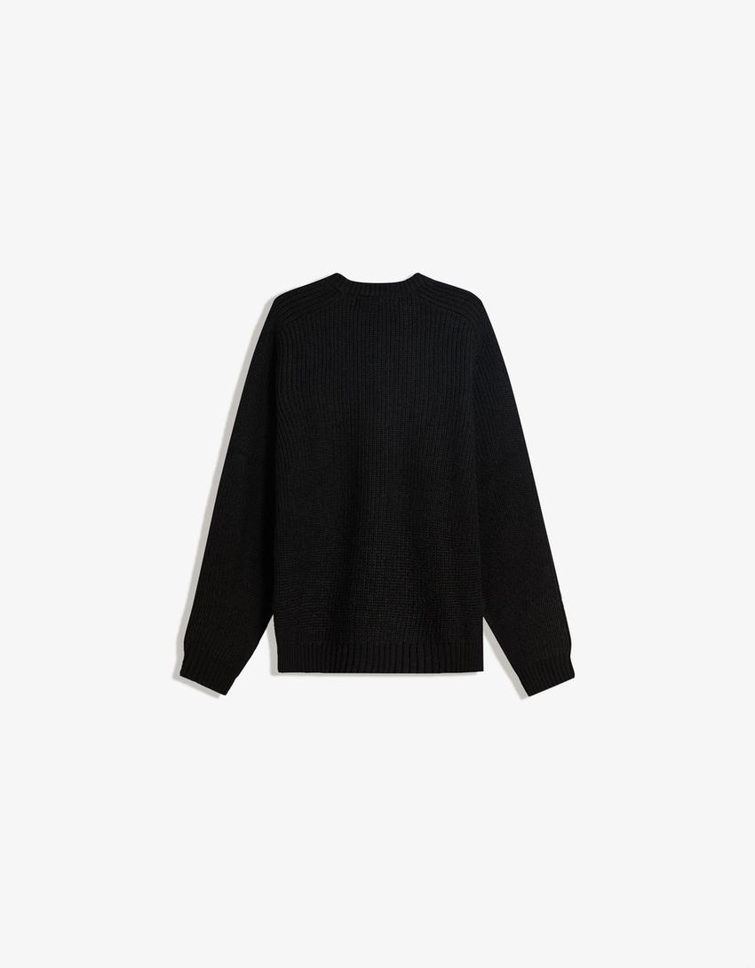 Pull en maille à côtes perlées avec laine-Noir-5
