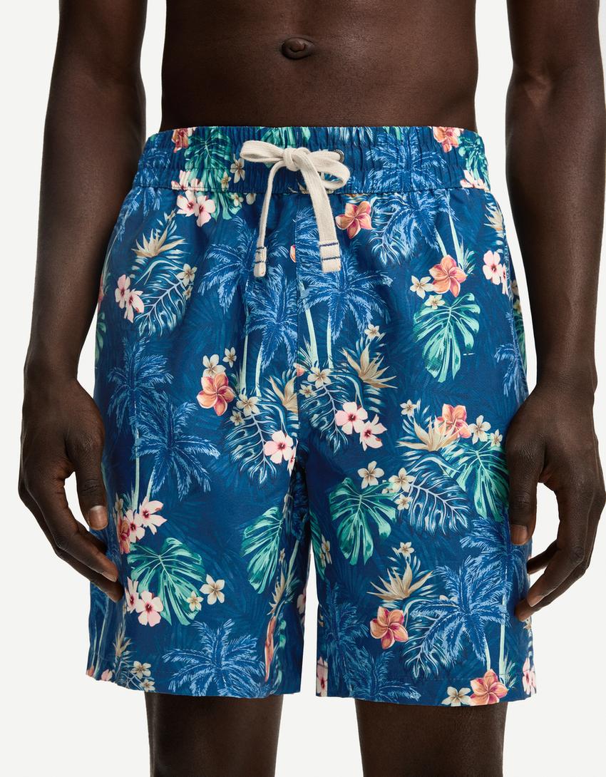 Calções de banho compridos com estampado tropical-Azul