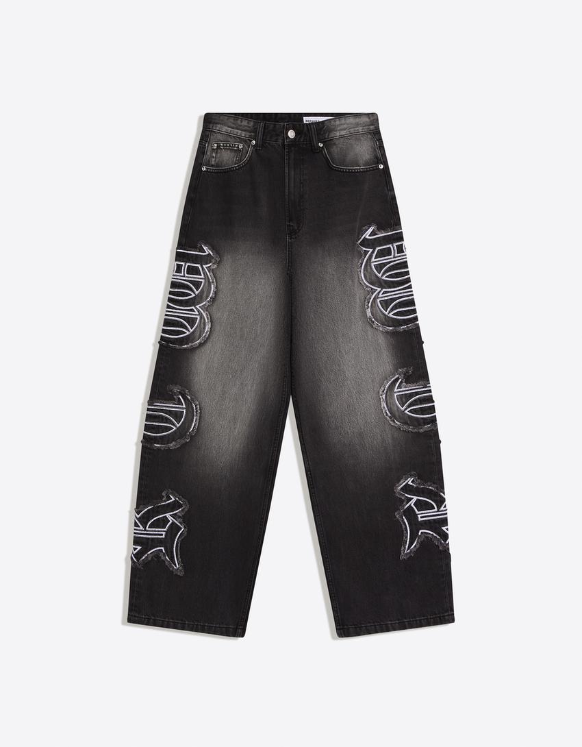 Baggy jeans with patch-Black