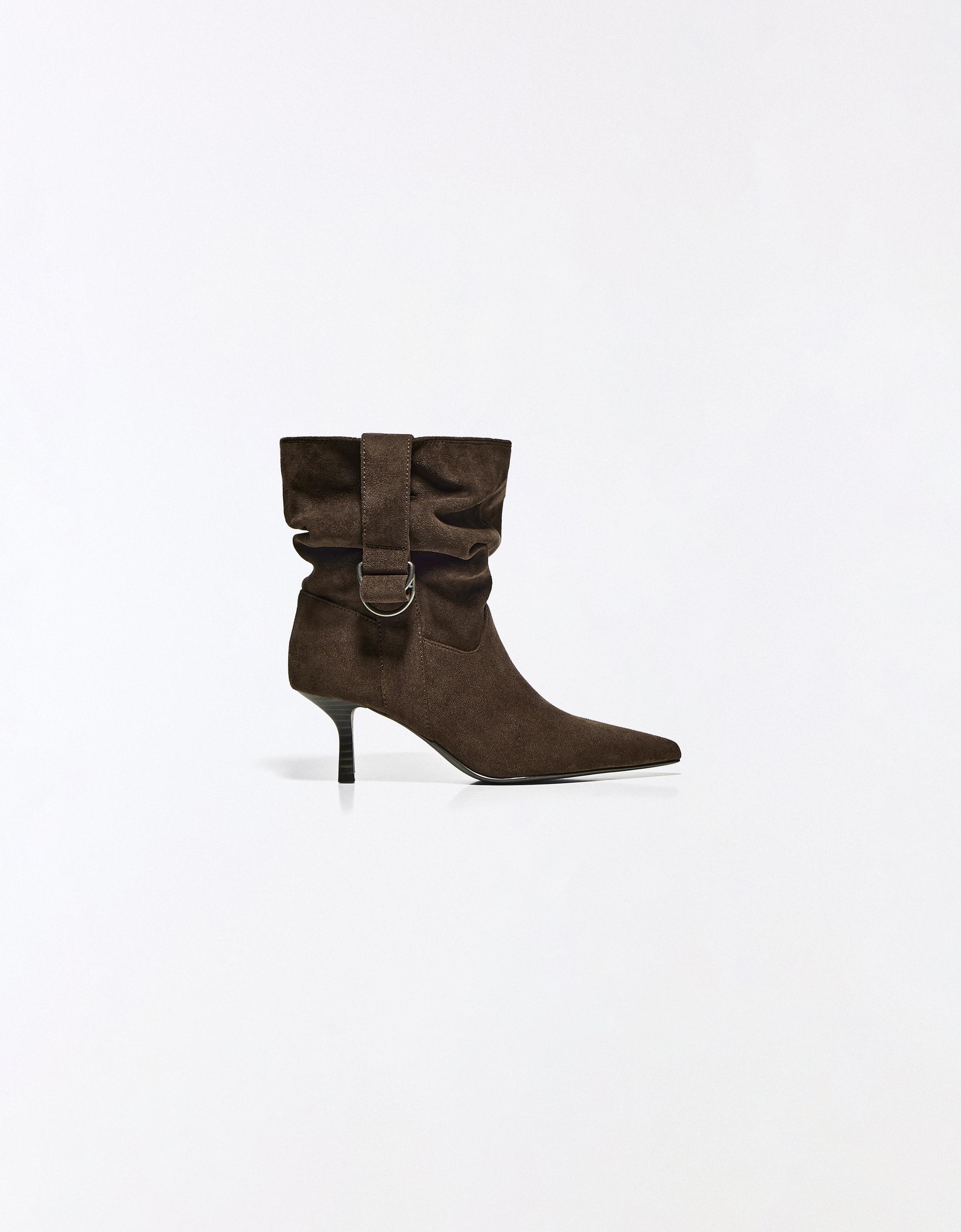 SLOUCHY BUCKLE HEEL ANKLE BOOTS — TAUPE