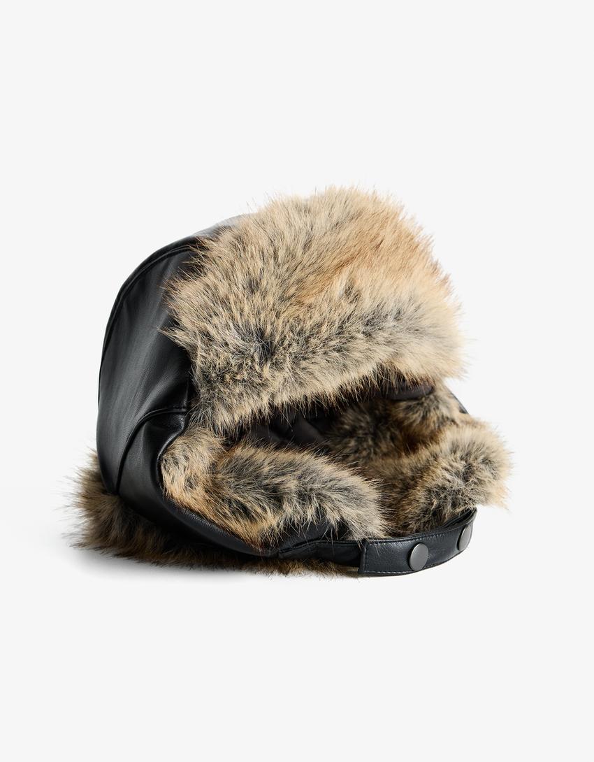 Letecká čepice z umělé kožešiny-Černá