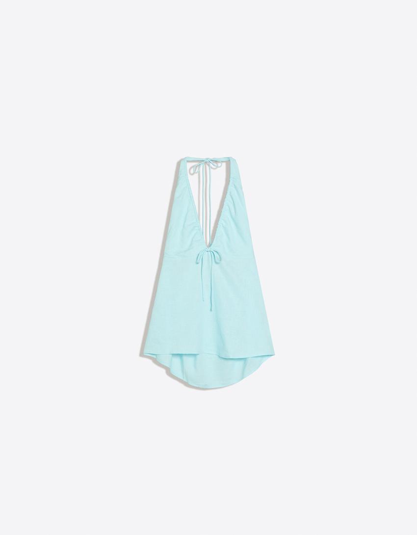 Linen blend halter waistcoat-Turquoise