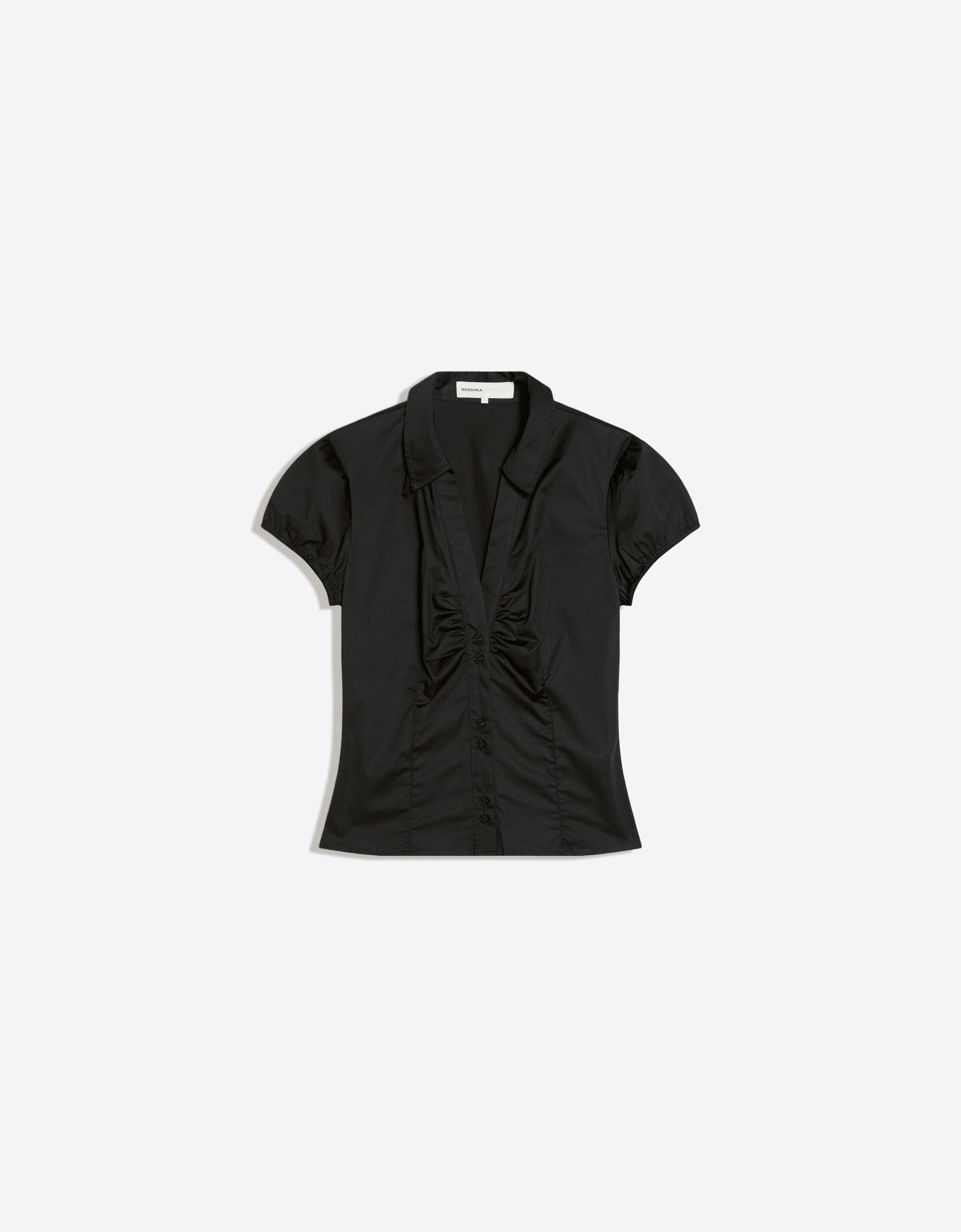Short sleeve poplin tie-front shirt — Black