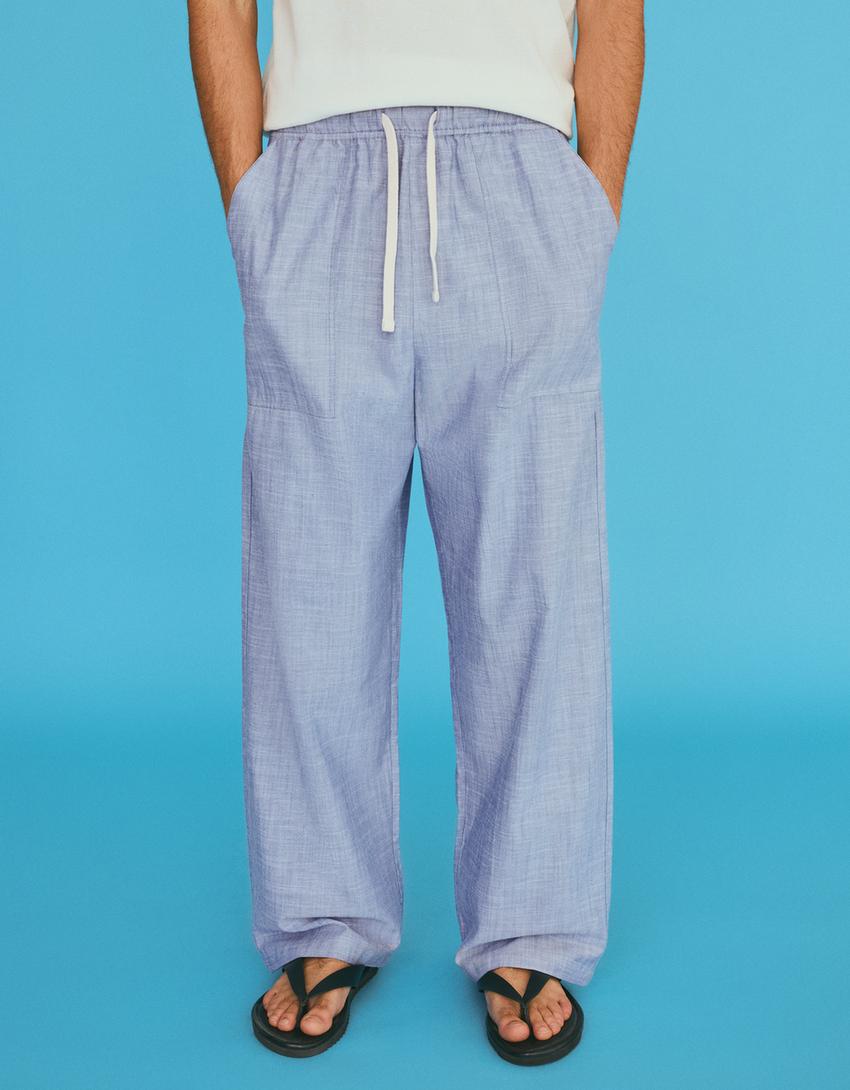 Embroidered flowing baggy pants-Blue