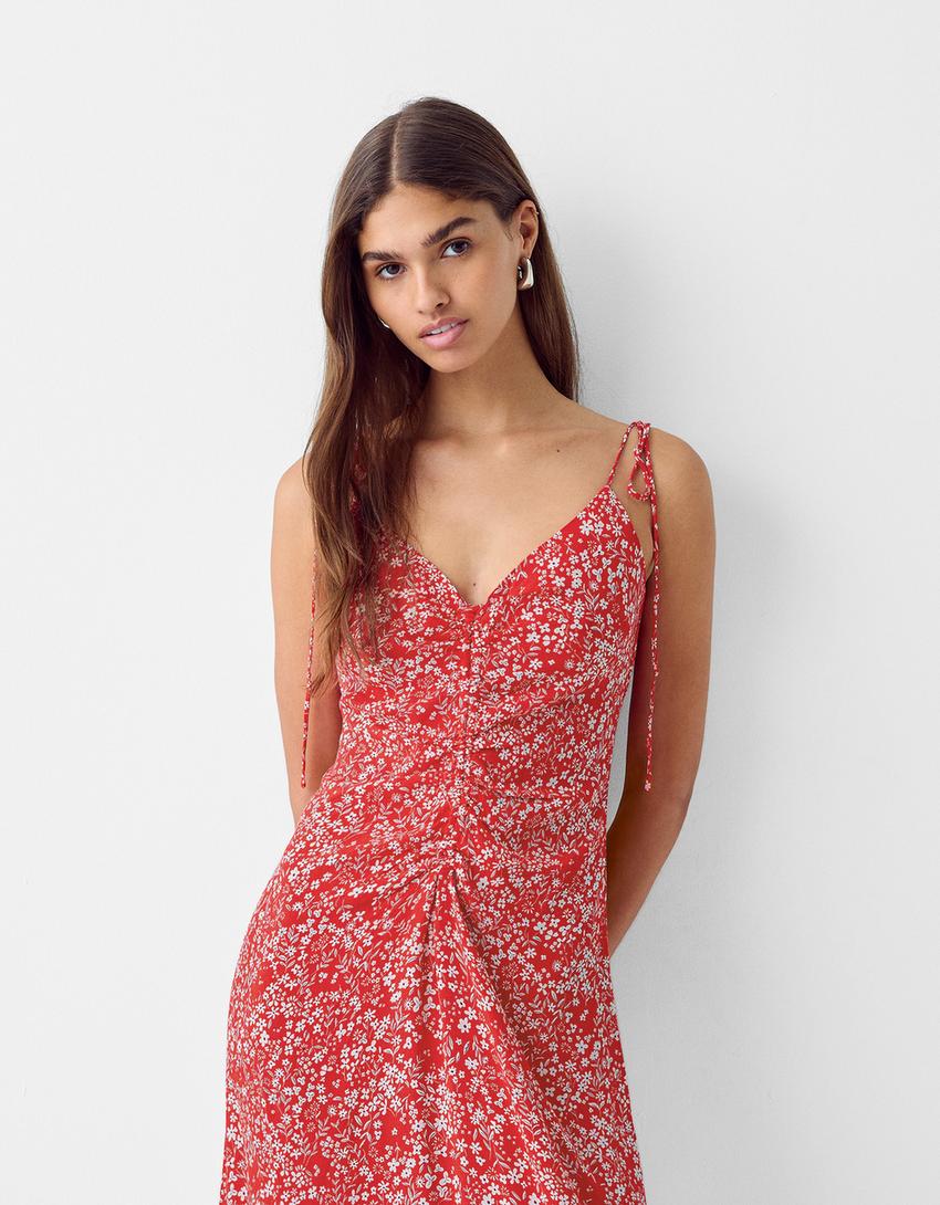 Midi dress with straps and gathered front-Red-1