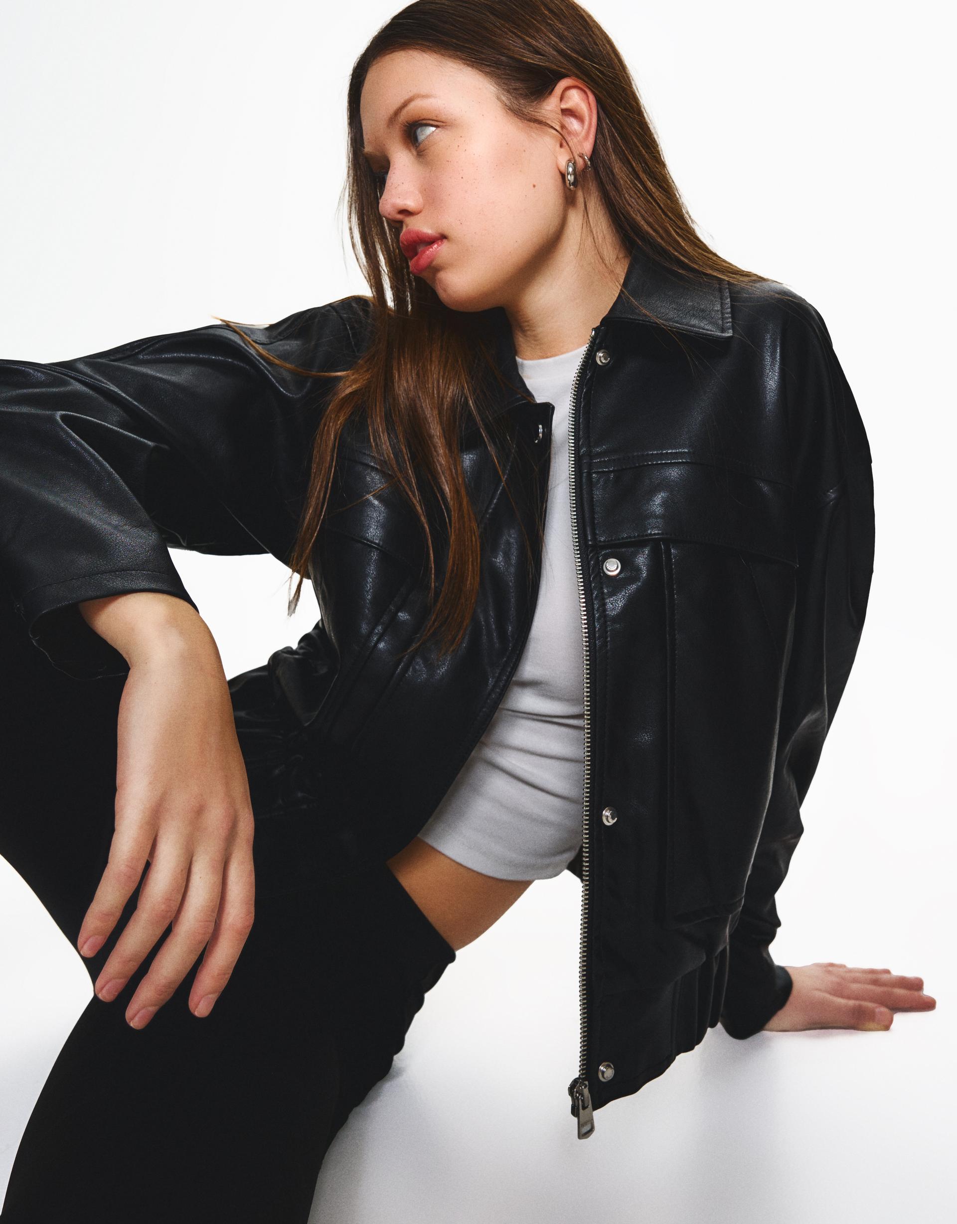Leather effect jacket Jackets and trench coats Women Bershka