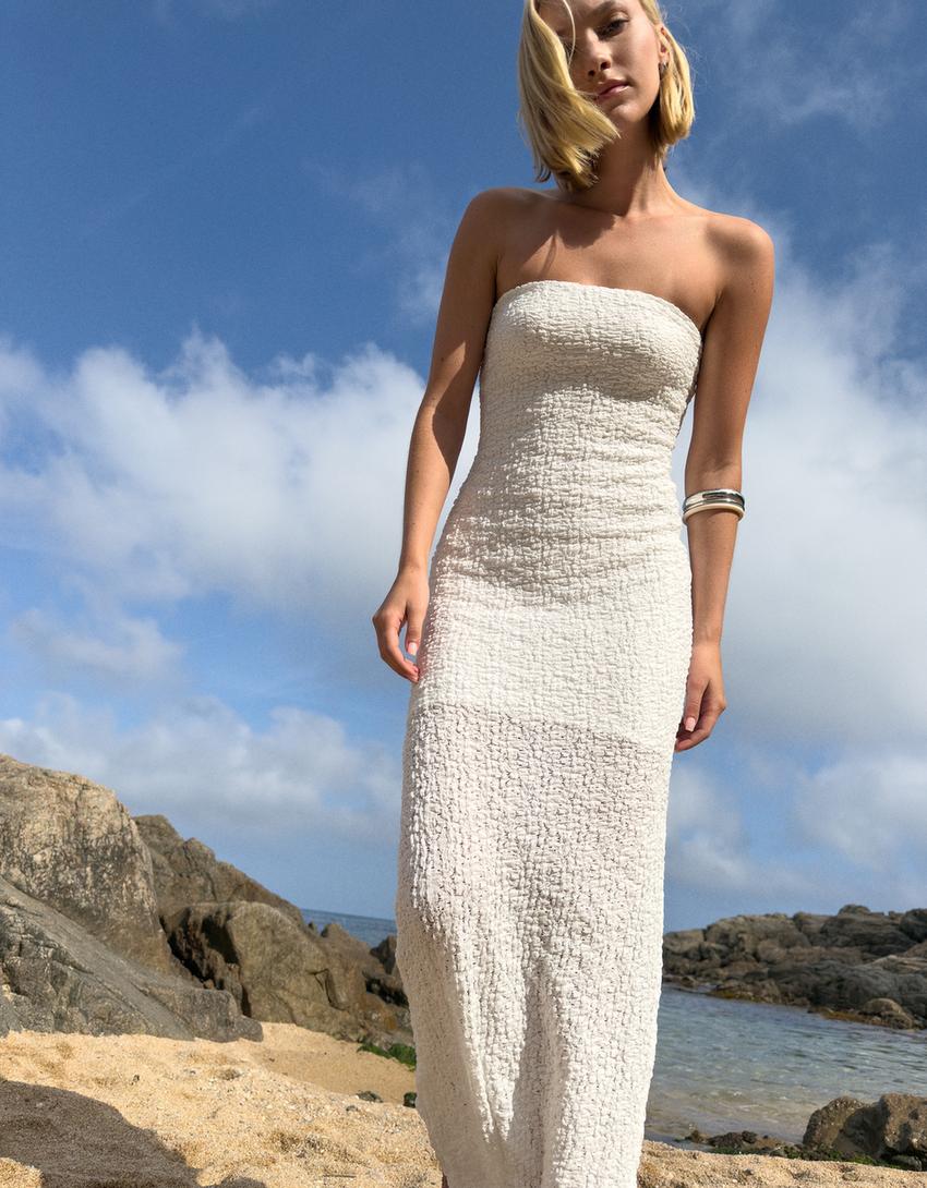 Rustic midi dress with bandeau neckline-Cream