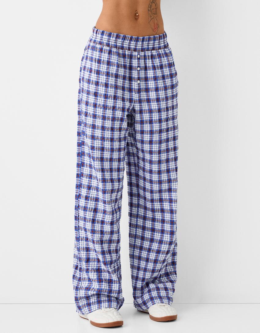 Check wide-leg trousers-Blue-1