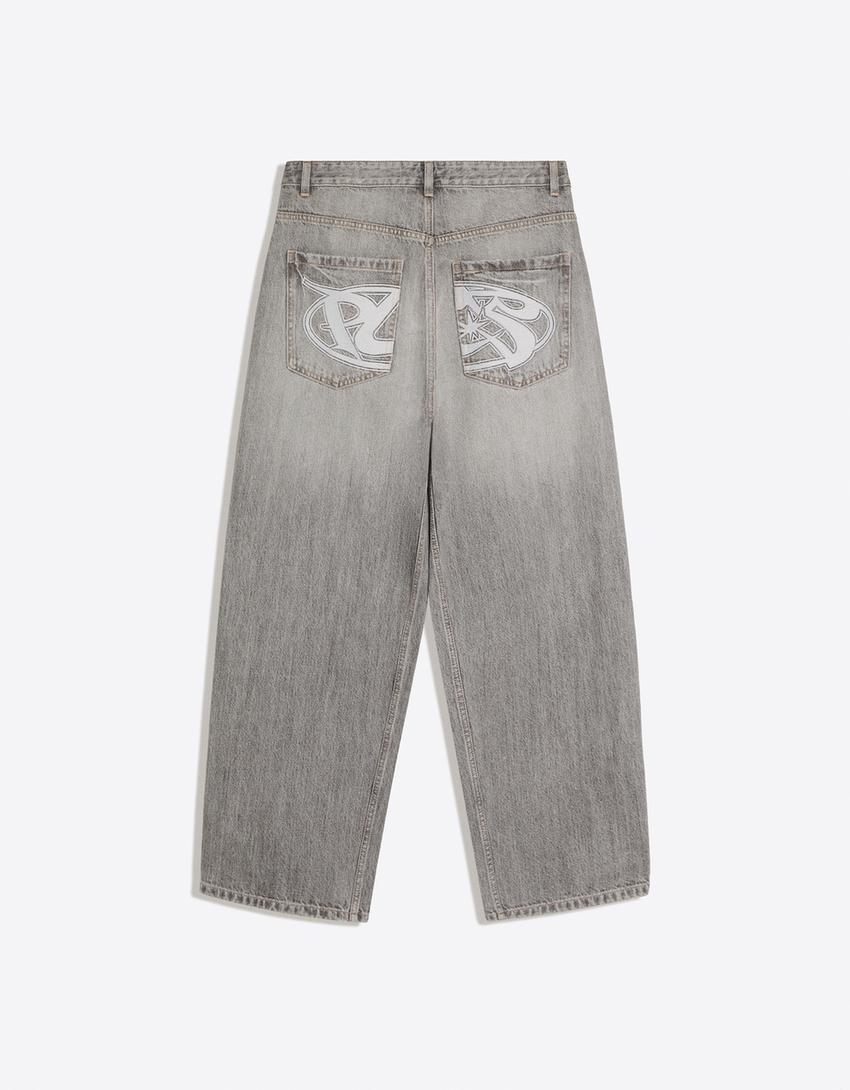 Embroidered neobarrel jeans-Grey