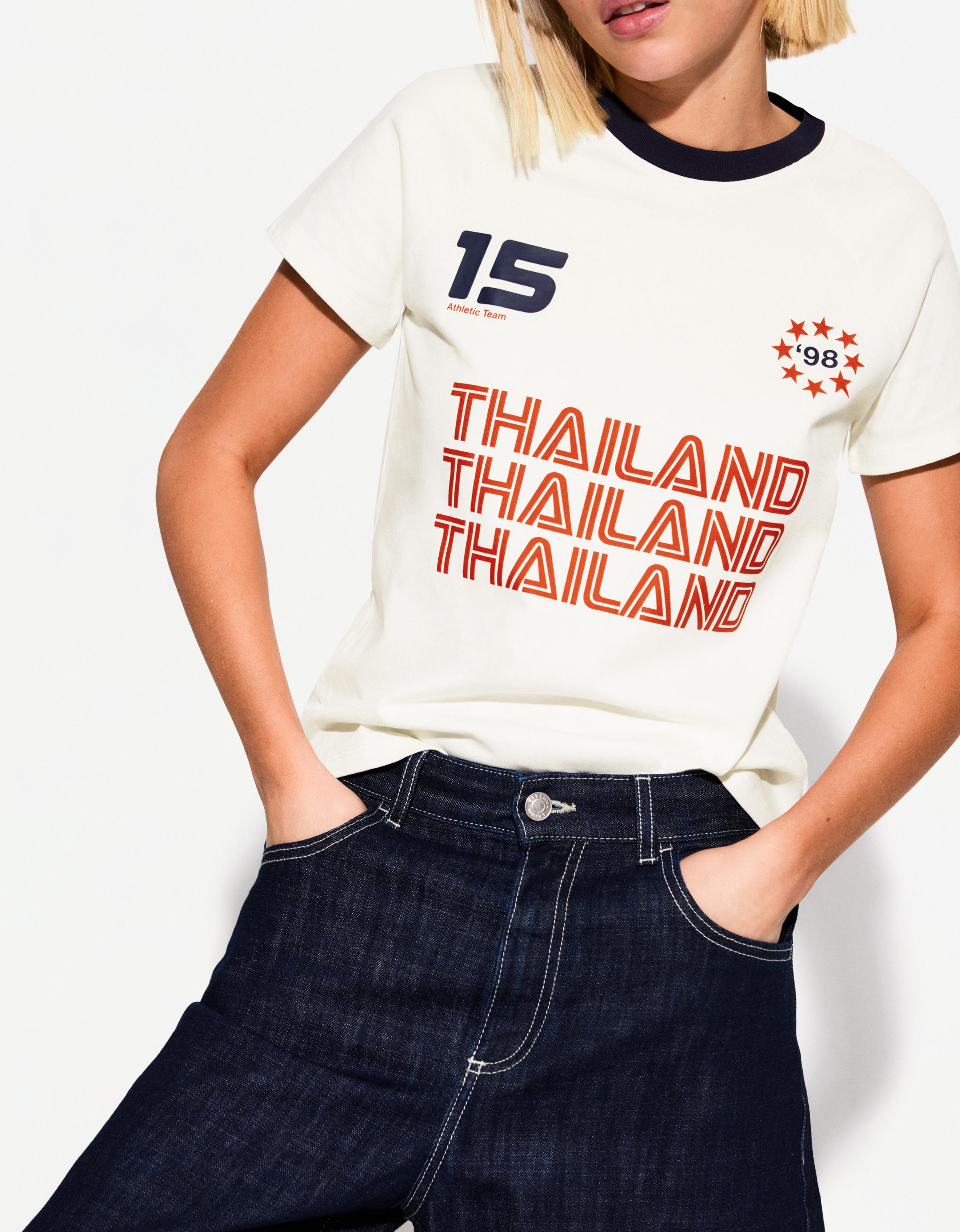 Bershka Sportliches T-Shirt Mit Kurzen Ärmeln Kontrasten Und Print Damen Xs Grbrochenes Weiss