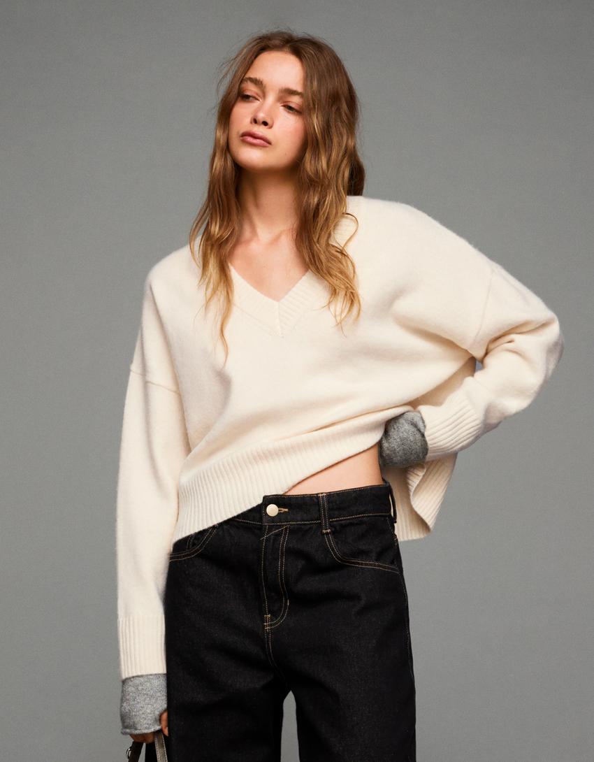 Sweater cropped decote V-Cru