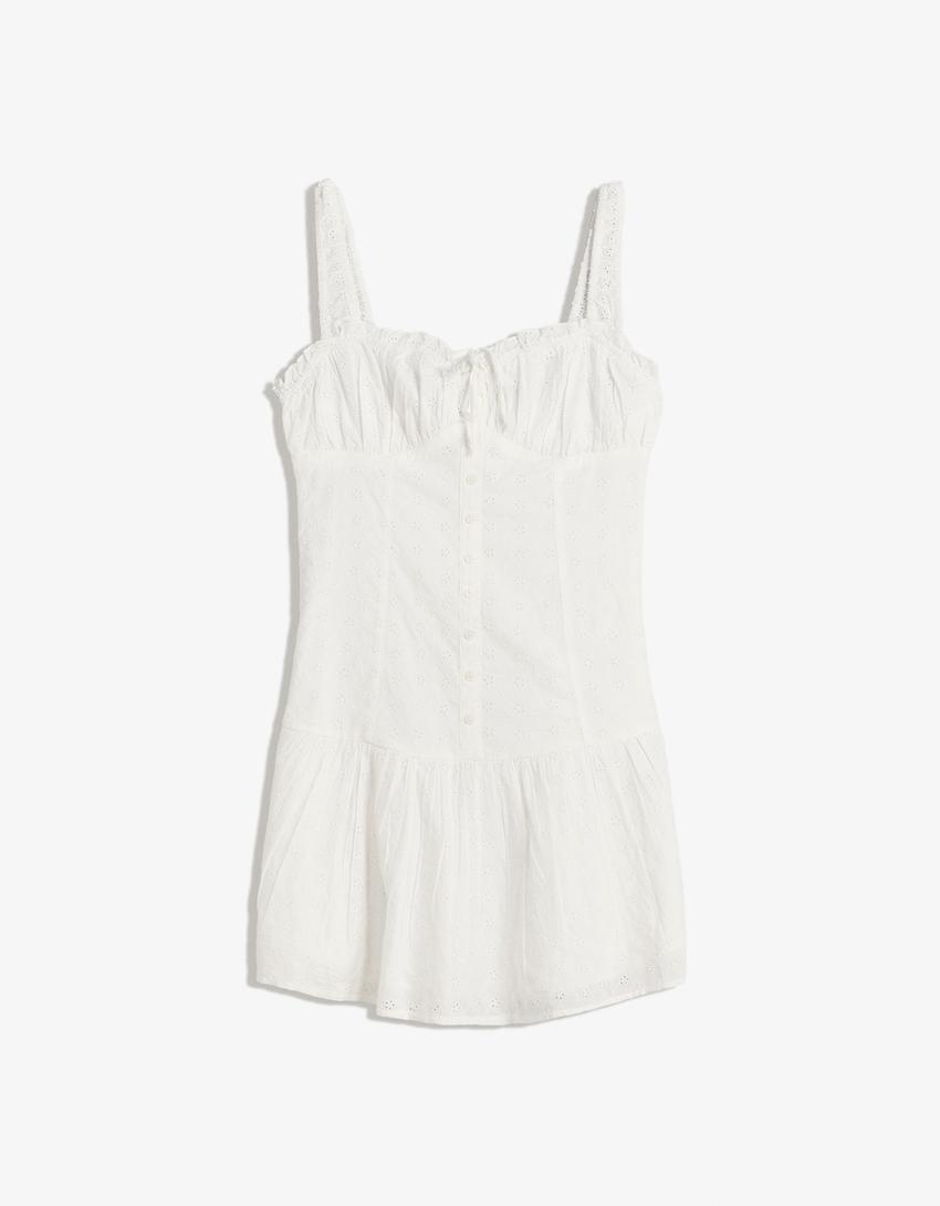 Robe mini cintrée évasée brodée-Blanc-3
