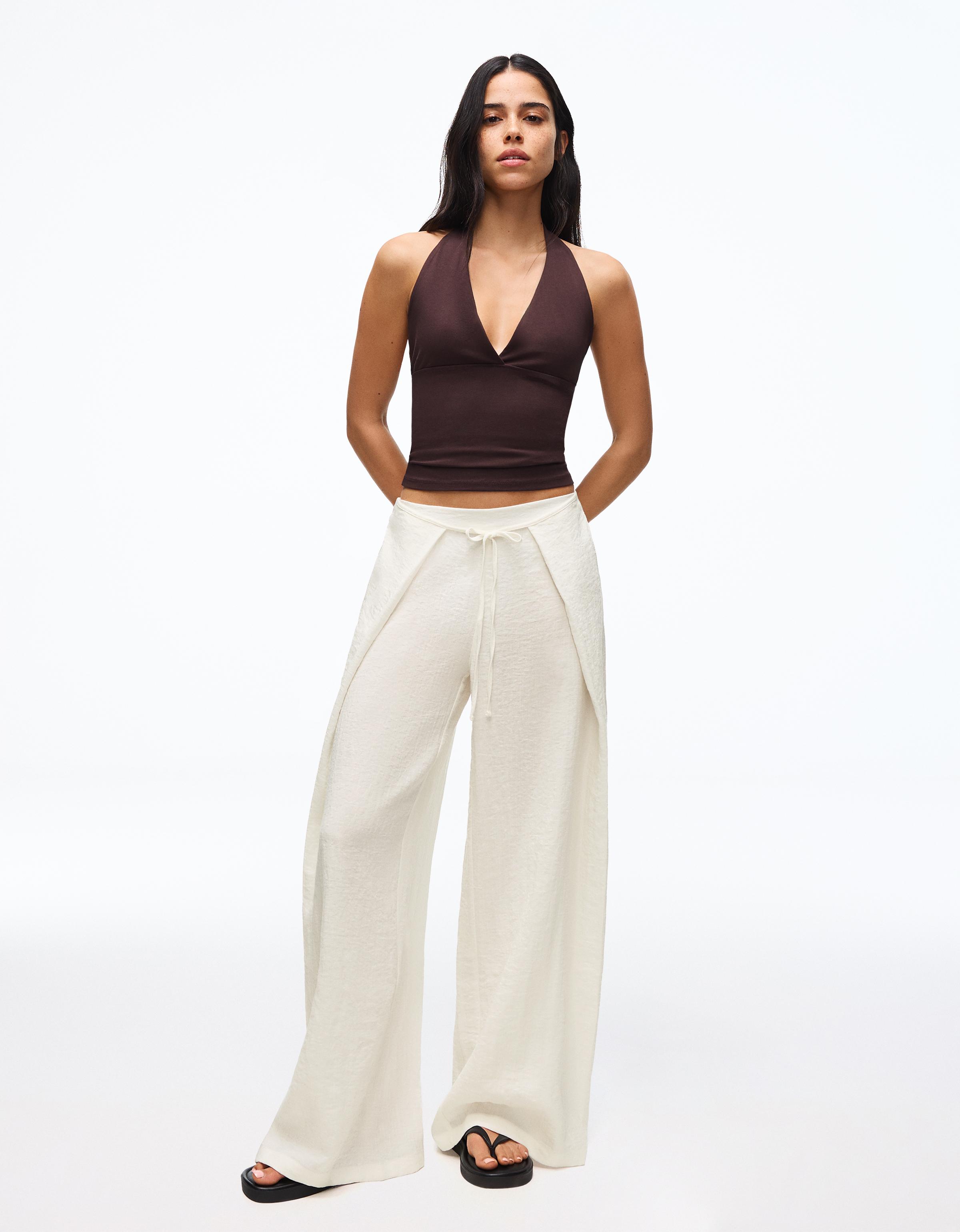 Bershka Pantalón Wide Leg Rústico Pliegues Mujer Blanco Roto