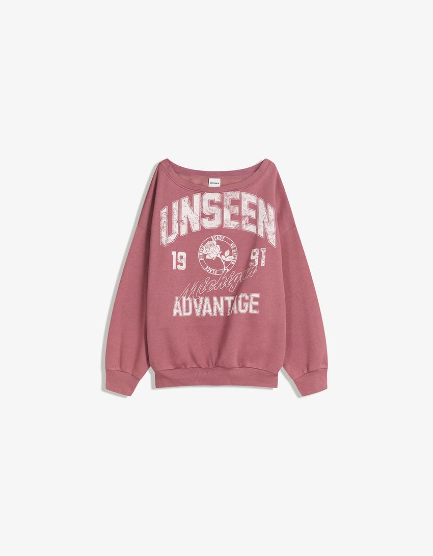 Sweat col bateau imprimé-Rose