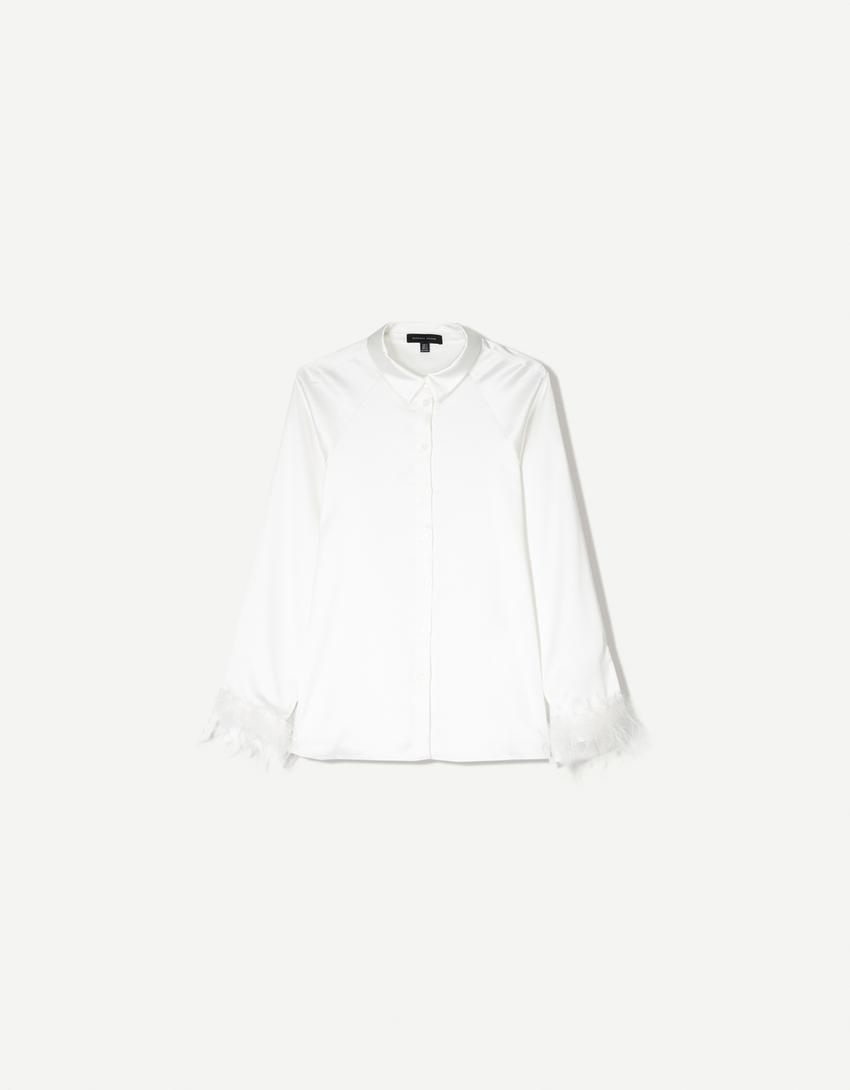 Satin shirt with feathers-White-0
