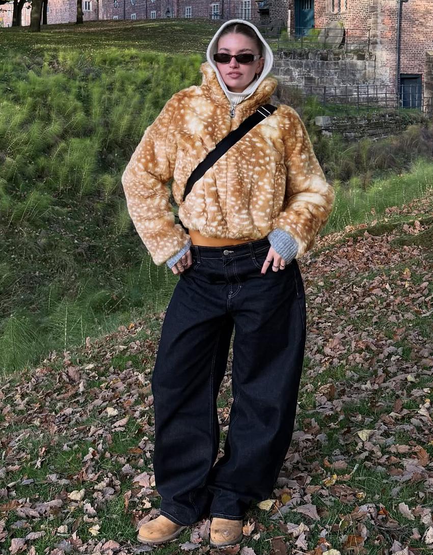 Veste fausse fourrure imprimé animal-Camel