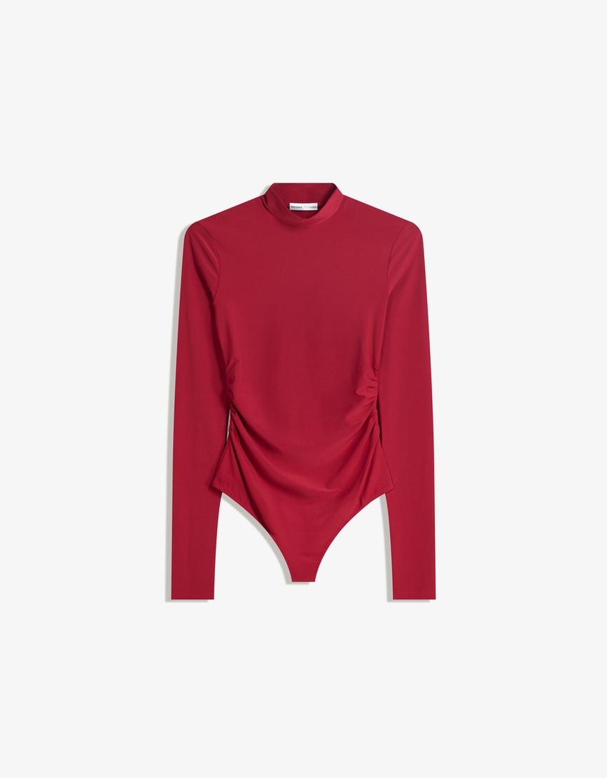 Long sleeve mock neck bodysuit-Red