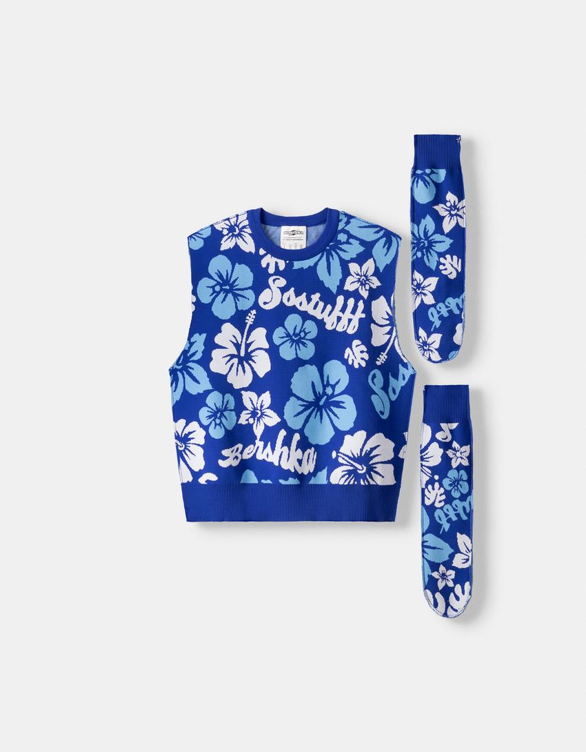 Gilet sans manches BERSSSHKA X SSSTUFFF amovible fleurs-Bleu-8