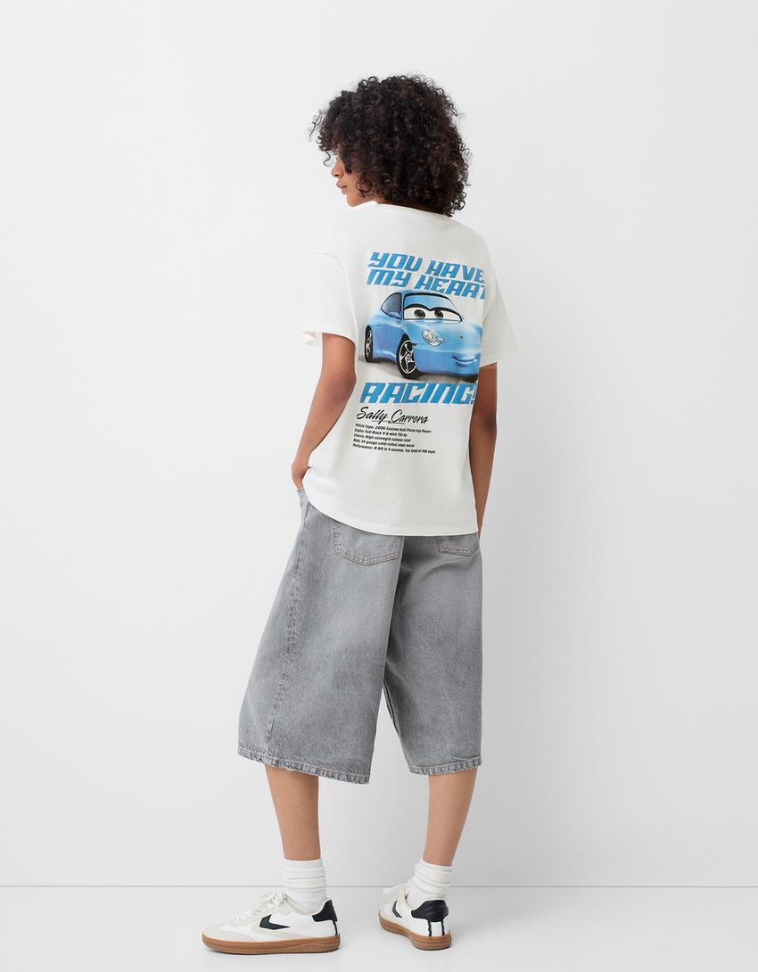 تيشرت بطبعة سيارات وأكمام قصيرة-أبيض-1