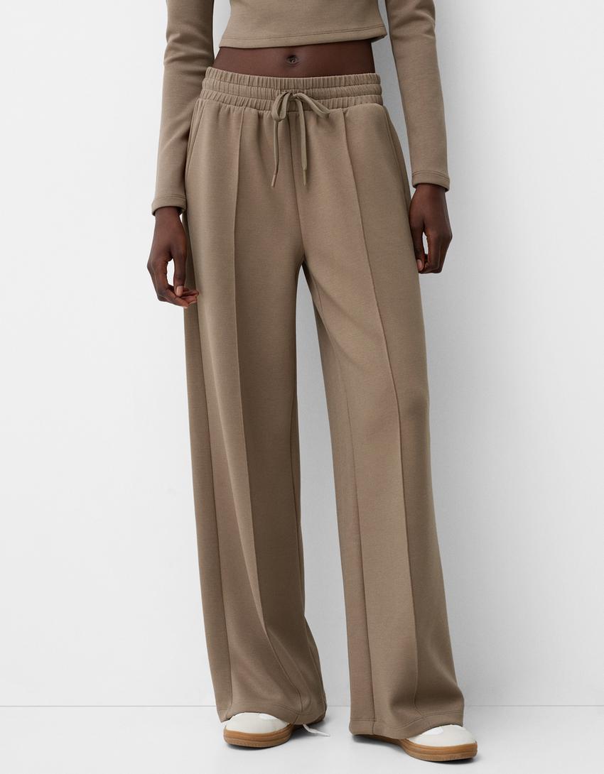 Soft touch wide-leg trousers-Sand