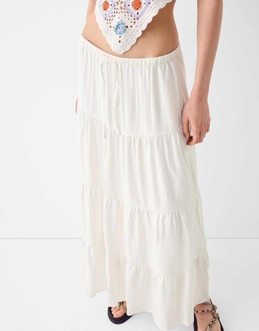 Midi skirt with elastic waist-White-3