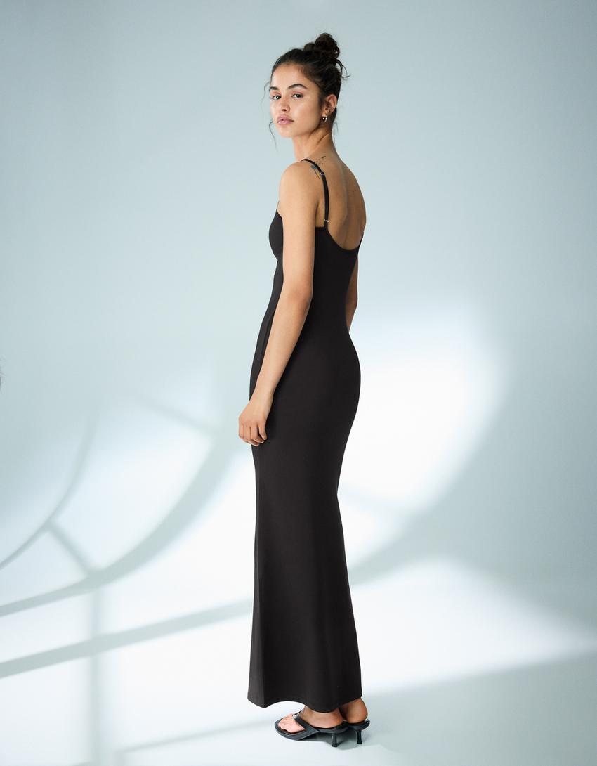 Vestido midi tirantes fruncido-Negro