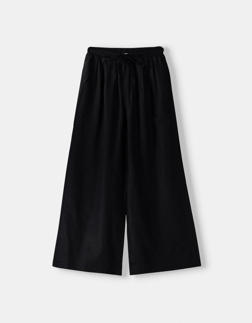 Jupe-culotte lin taille élastique-Noir-4
