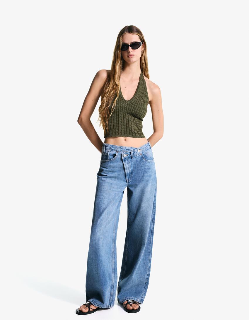 Cable-knit halter top-Green