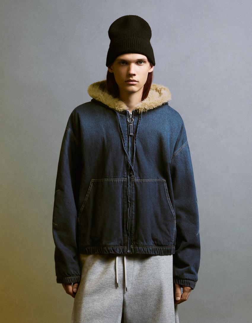Blusão denim gola efeito de pelo-Marinho