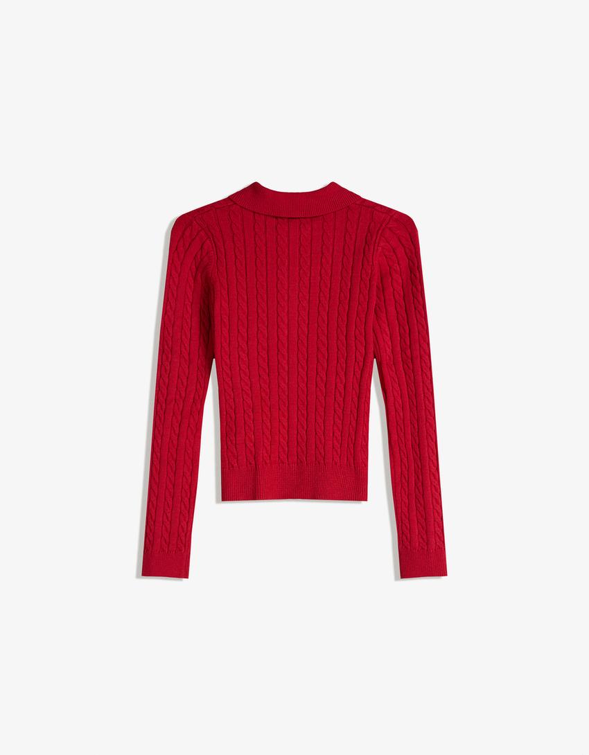Vest met kabelmotief en polokraag-Rood