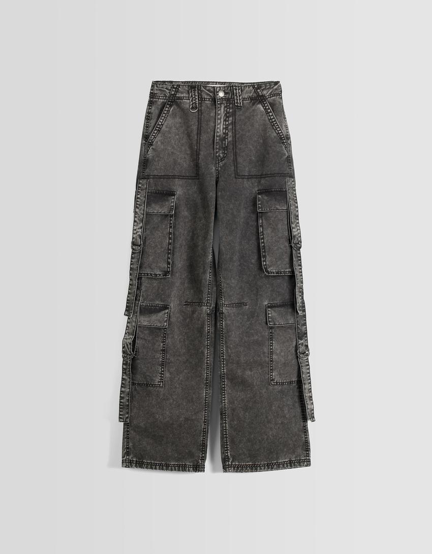 Cotton cargo trousers with straps-Grey-4