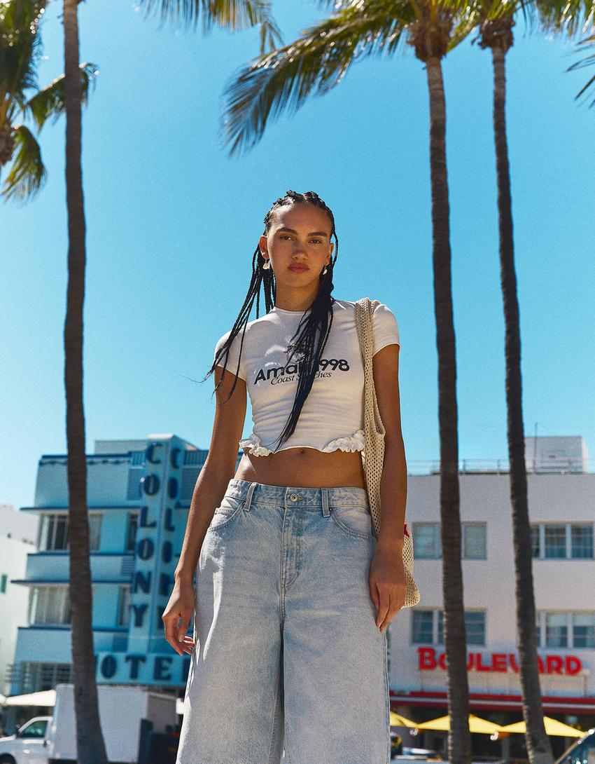 Printed short sleeve T-shirt with ruffles-Off white